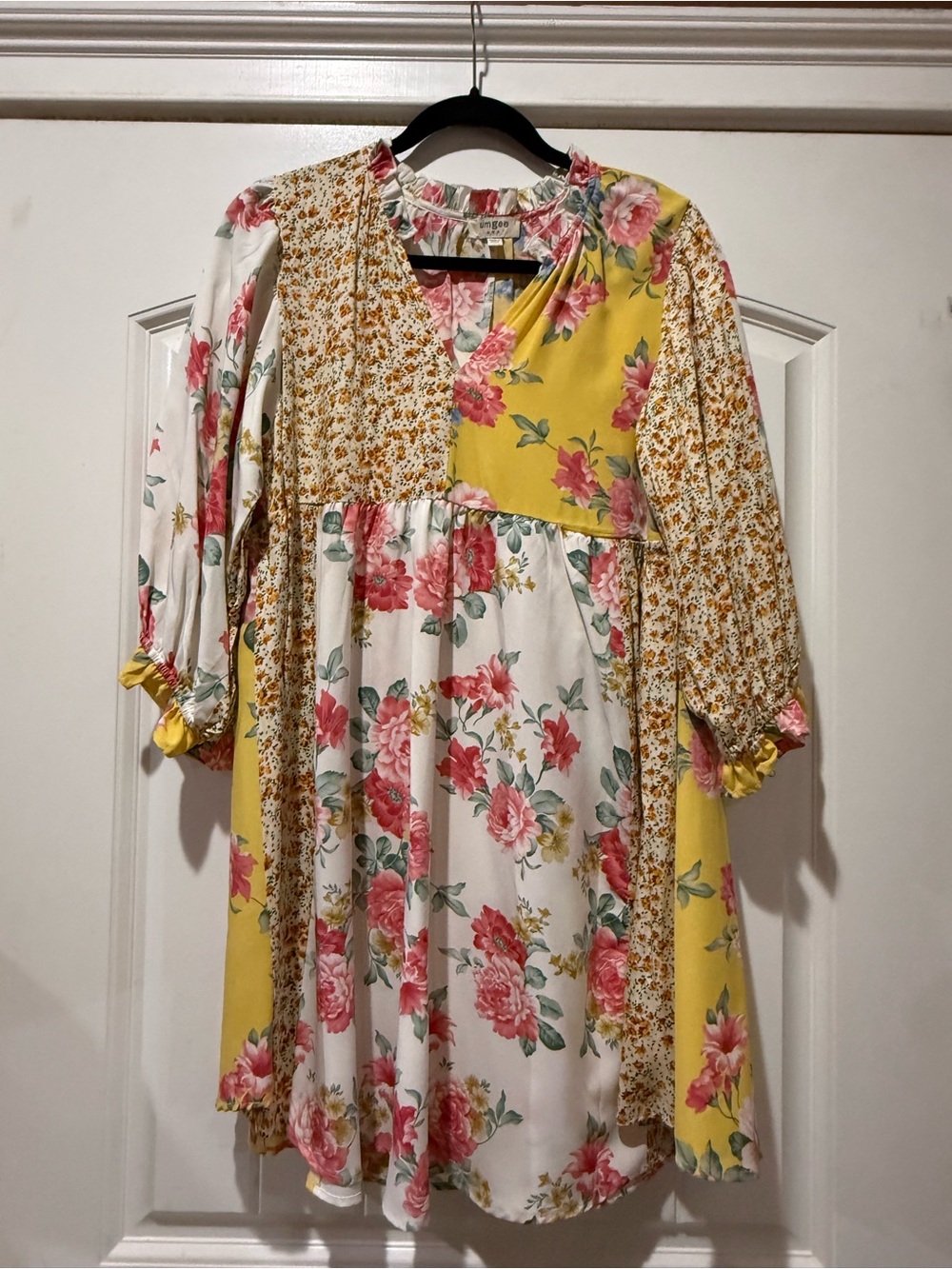 Umgee Yellow, White & Pink Floral Patchwork Midi Dress
